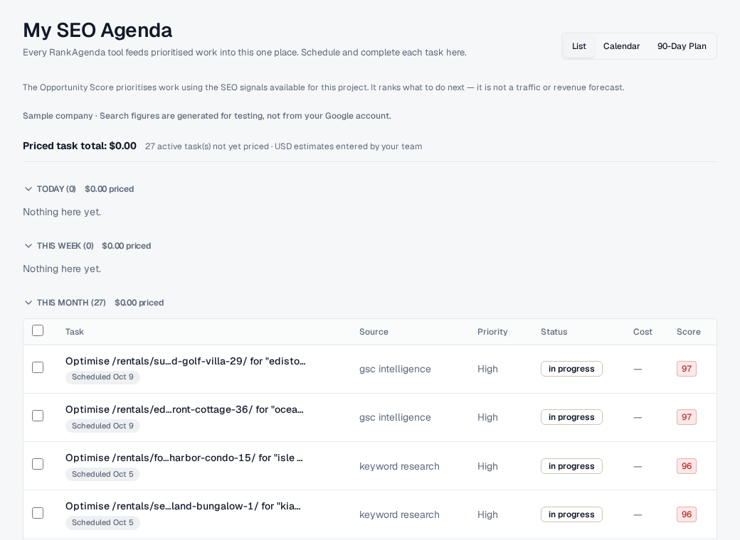 My SEO Agenda screen in RankAgenda, with sample demonstration data